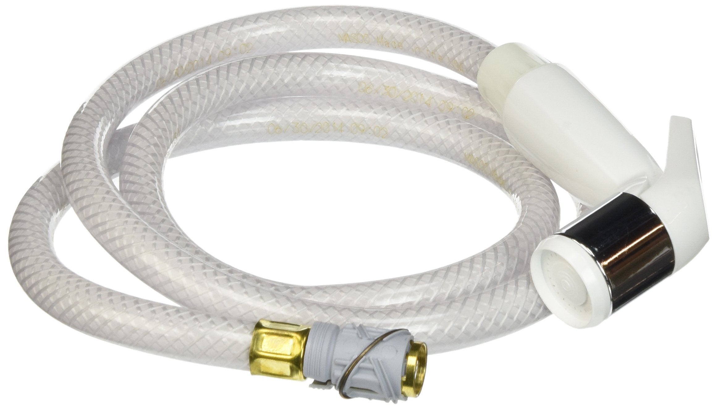 White spray head with chrome band attached to clear braided hose and brass connection fittings.