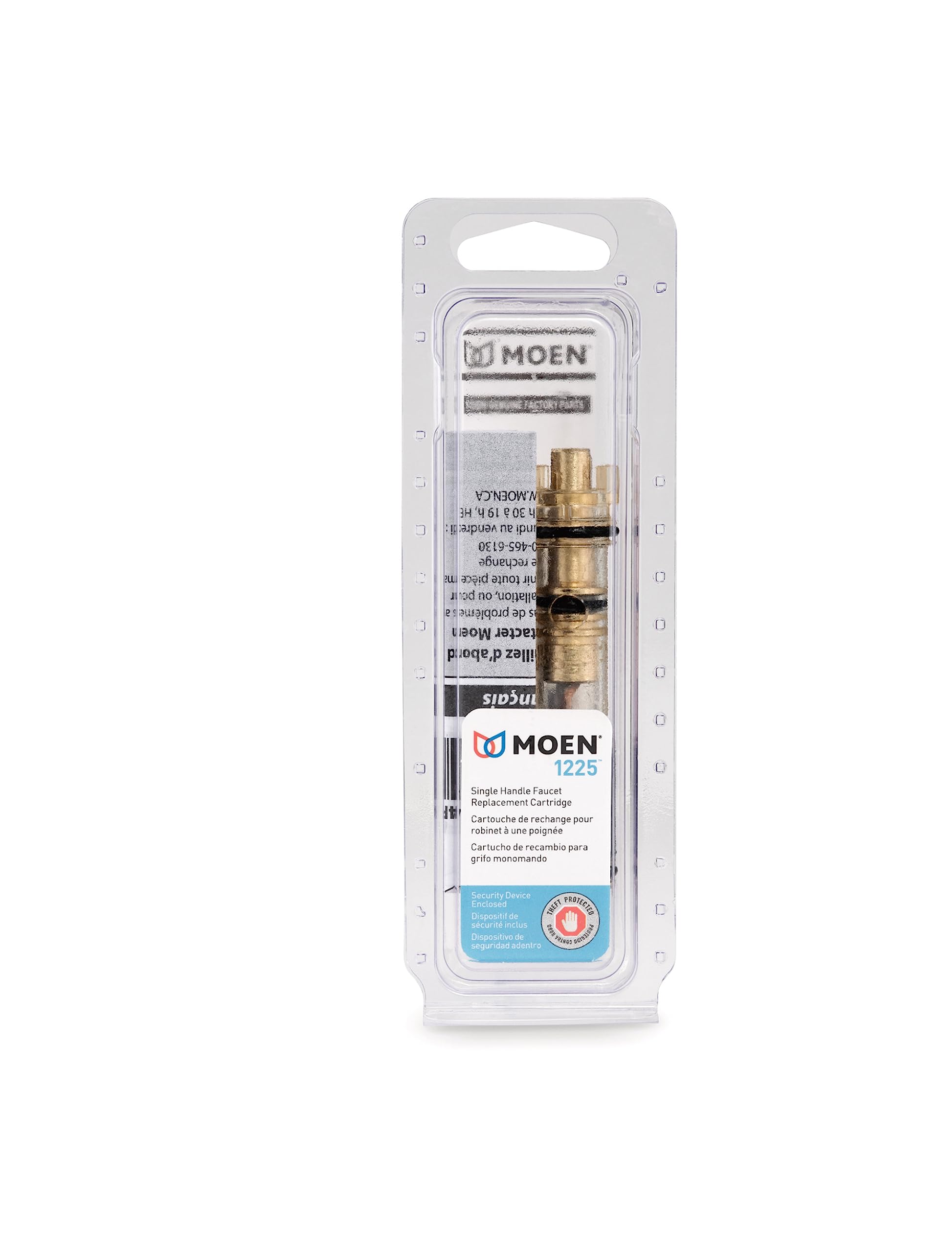 Moen 1225 single-handle faucet replacement cartridge with brass stem and black seals in clear plastic packaging.