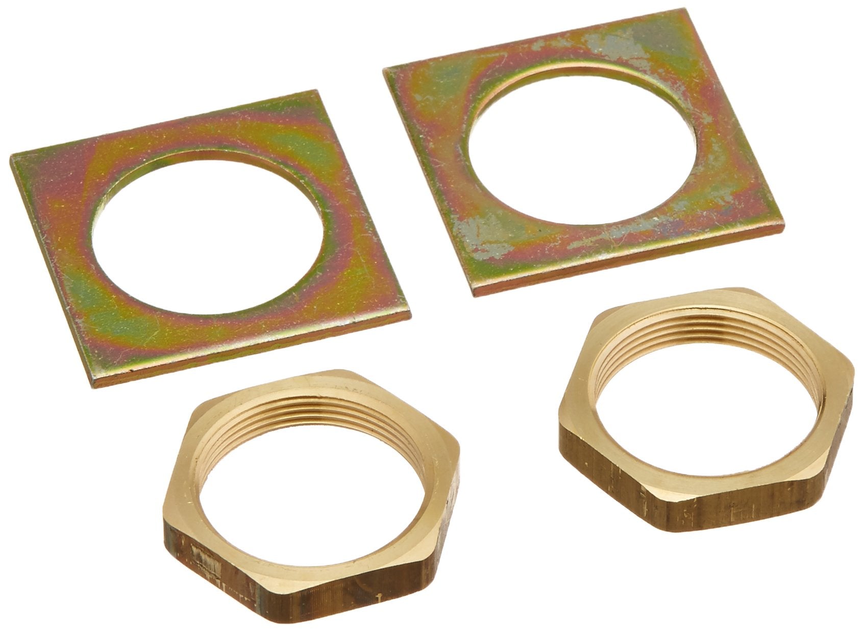 Two brass hexagonal nuts and two multicolored square washers with center holes for widespread faucet installation.