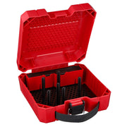 Red plastic case with black hole saw bits and dividers, featuring carrying handle and hinged lid.