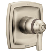 Brushed nickel thermostatic shower valve trim with rounded square escutcheon and lever handle.