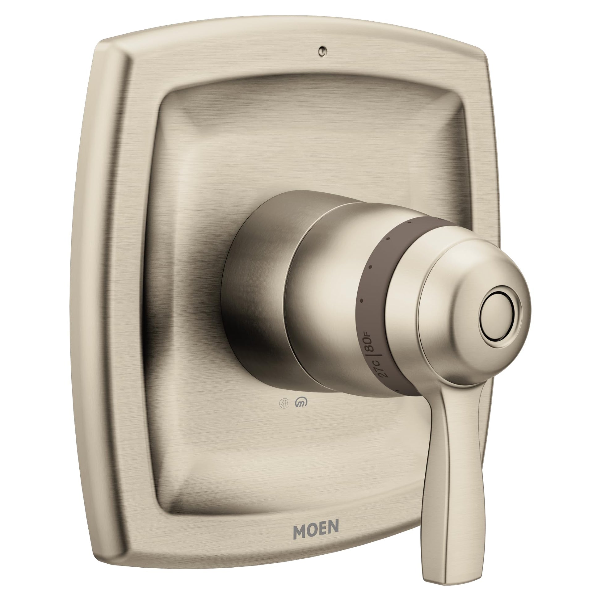 Brushed nickel thermostatic shower valve trim with rounded square escutcheon and lever handle.