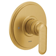Moen brushed gold tub and shower trim with single lever handle and circular escutcheon plate.