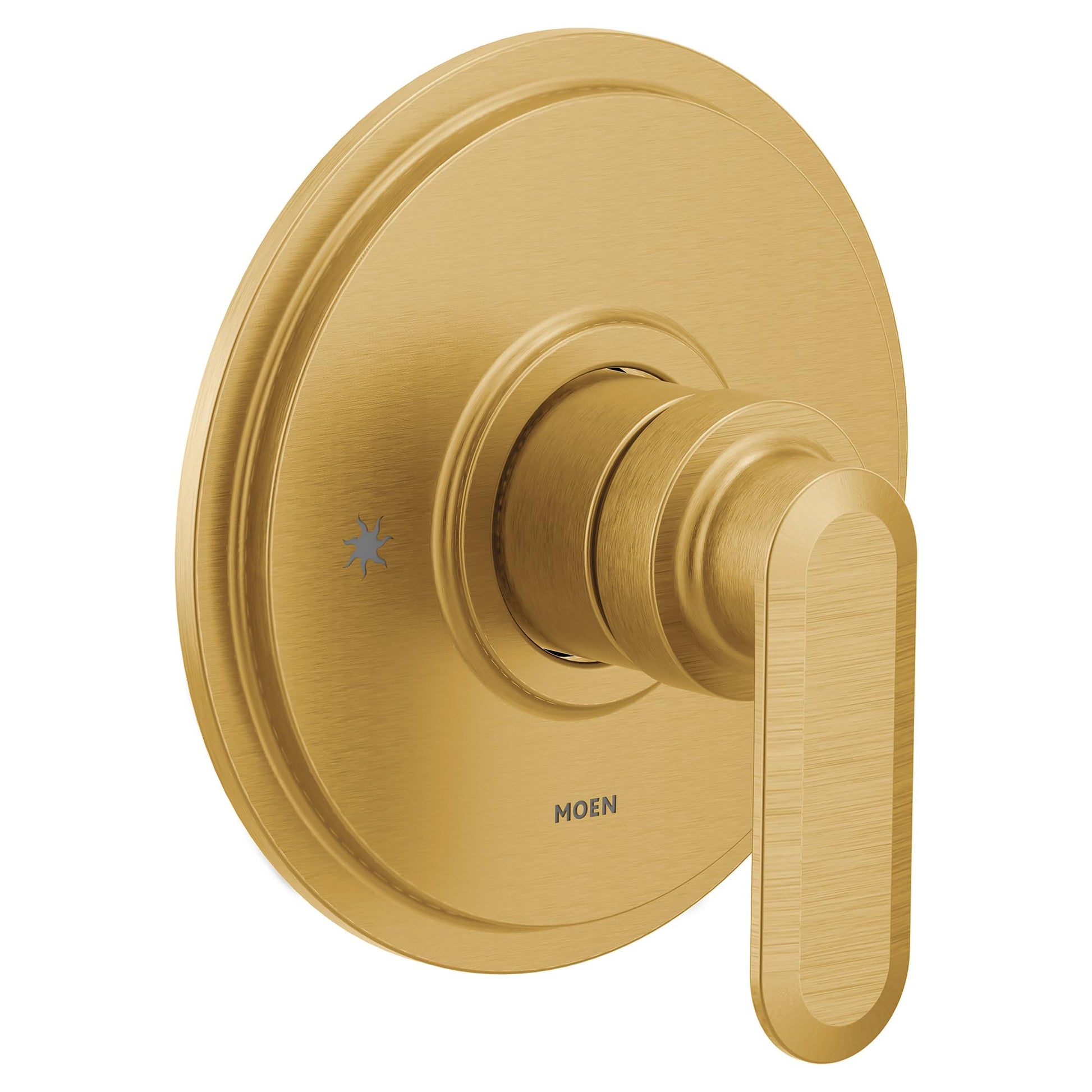 Moen brushed gold tub and shower trim with single lever handle and circular escutcheon plate.