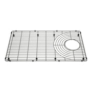 Stainless steel sink grid with horizontal wire pattern and circular concentric design on right side, featuring black rubber f