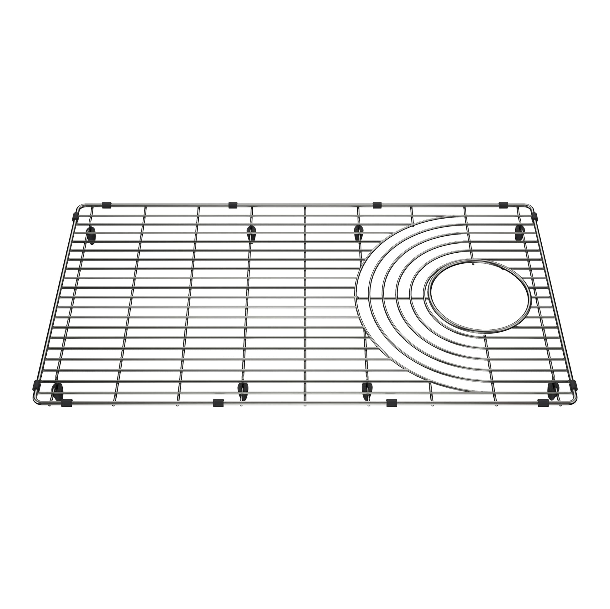 Stainless steel sink grid with horizontal wire pattern and circular concentric design on right side, featuring black rubber f