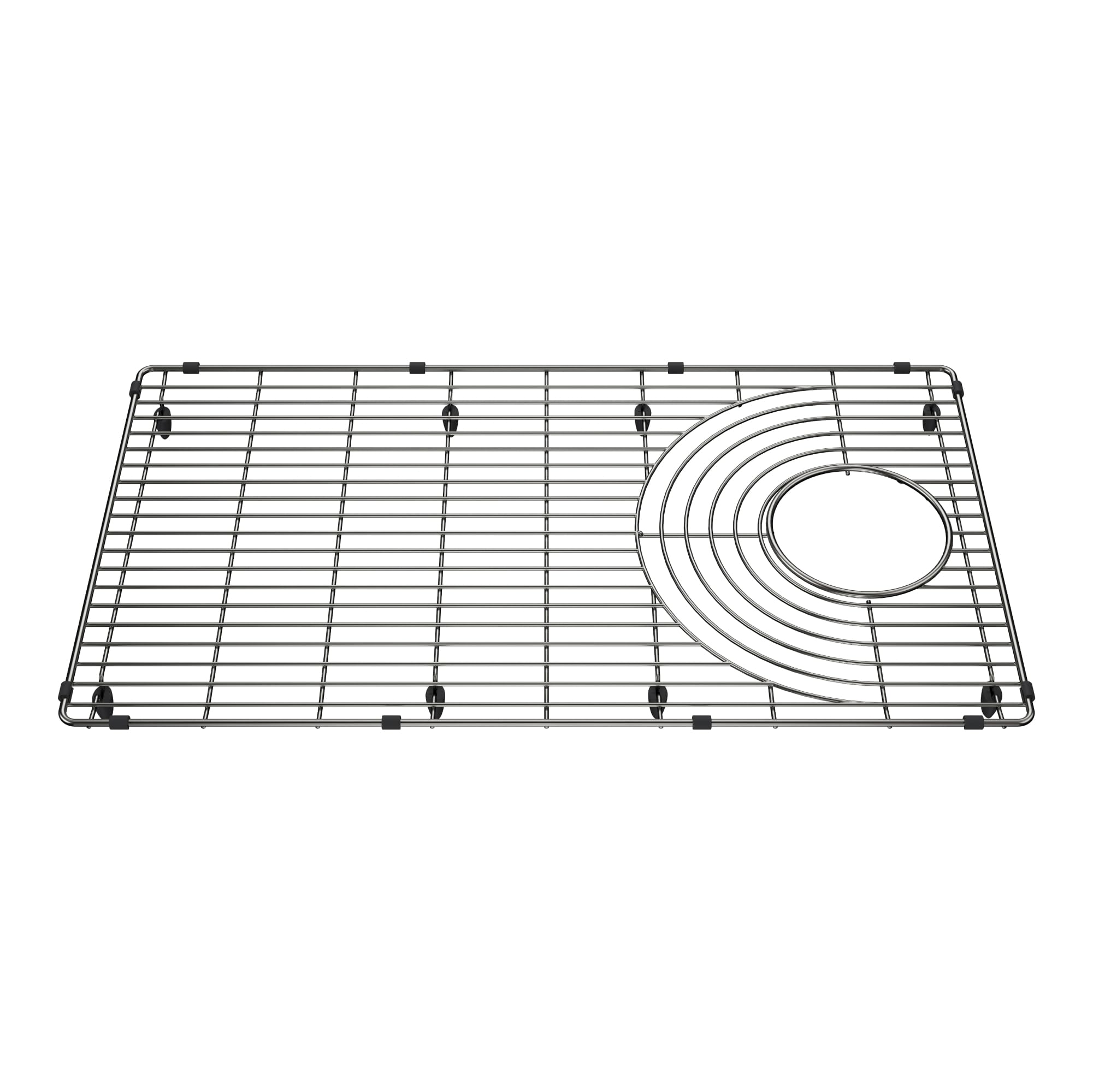 Stainless steel sink grid with horizontal wire pattern and circular concentric design on right side, featuring black rubber f