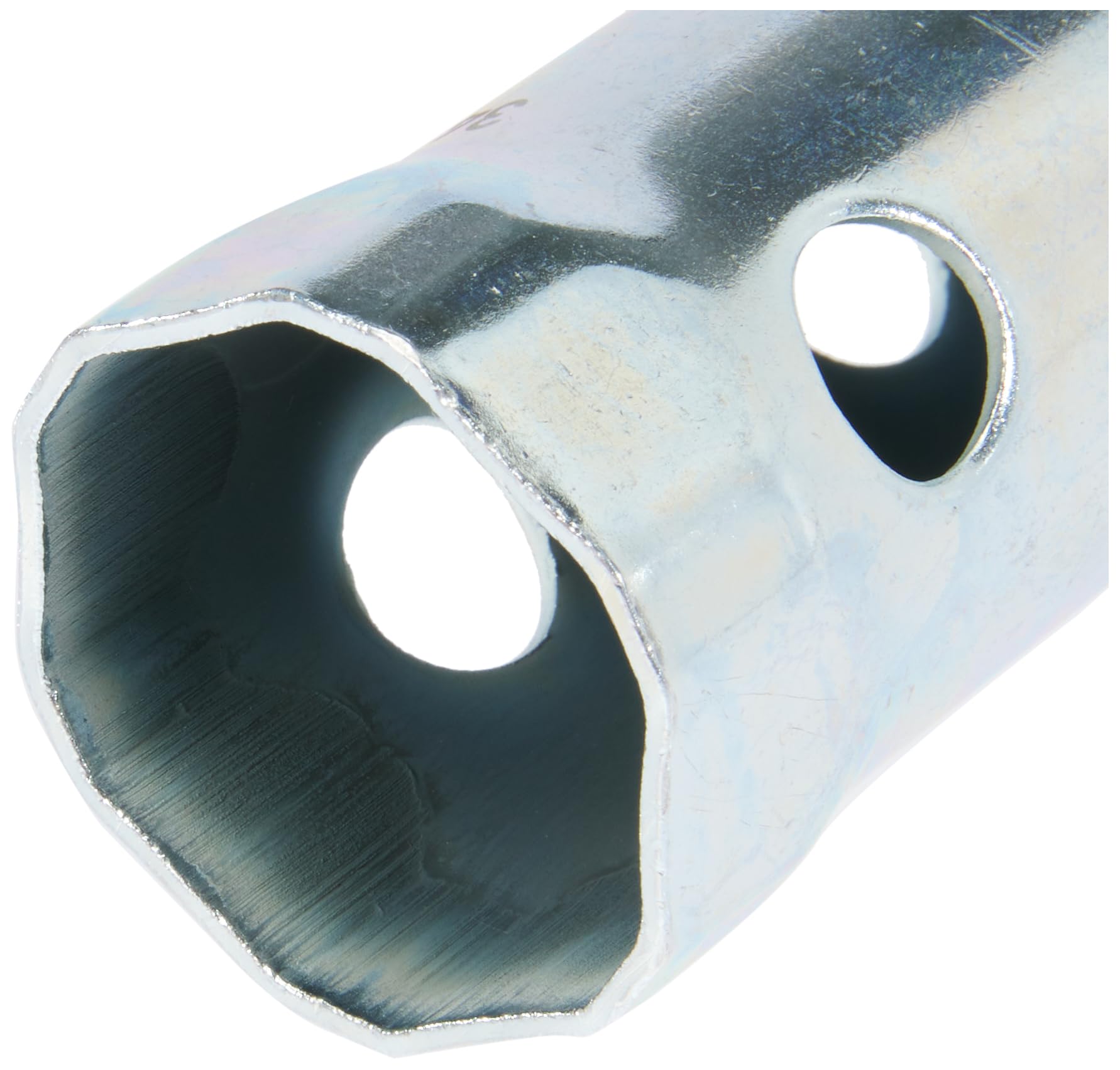 Chrome socket spanner wrench with two circular openings on the cylindrical head for gripping fixtures.