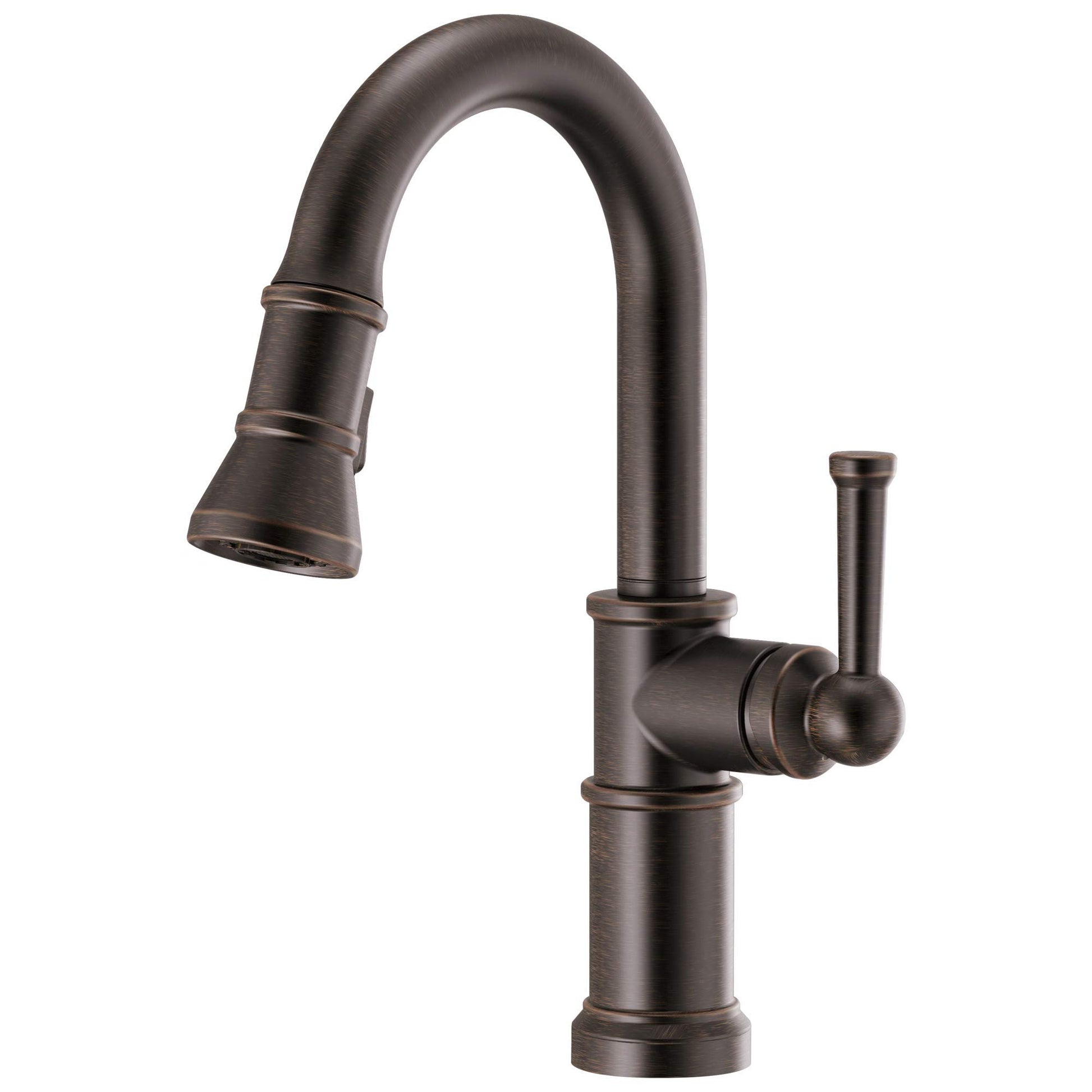 Bronze pull-down kitchen faucet with curved spout, single lever handle, and textured finish.