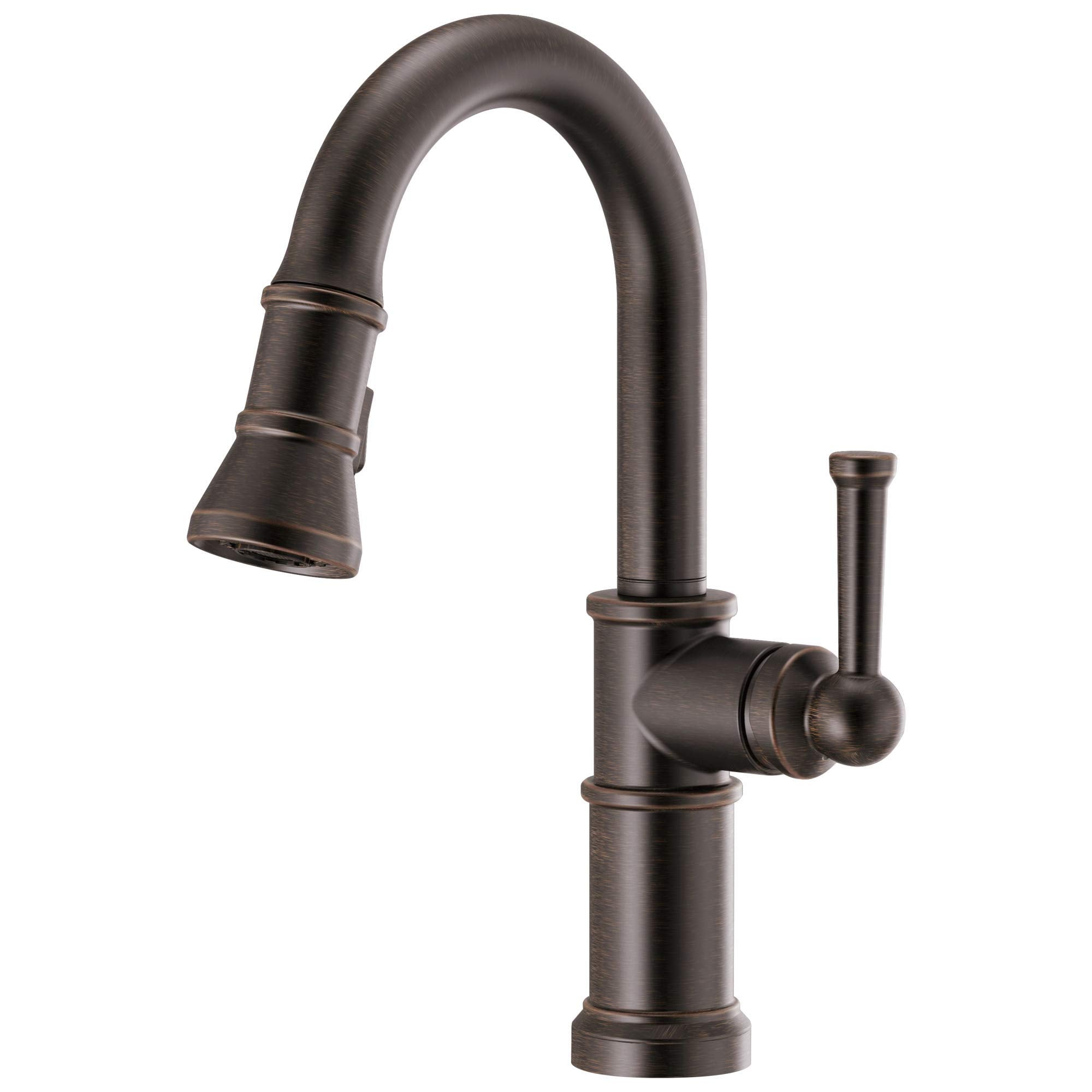 Bronze pull-down kitchen faucet with curved spout, single lever handle, and textured finish.