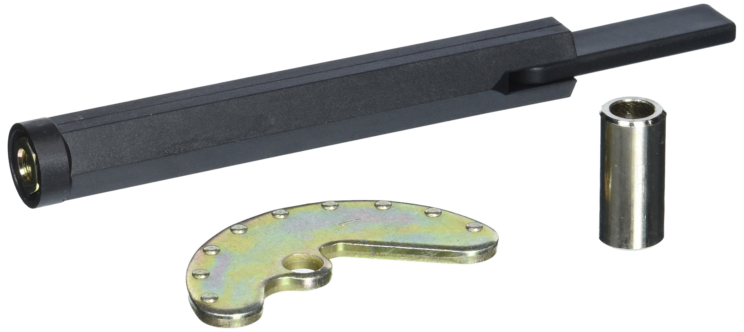 Black valve body with brass connector pieces and chrome-finished cylindrical component, Delta plumbing mounting hardware asse