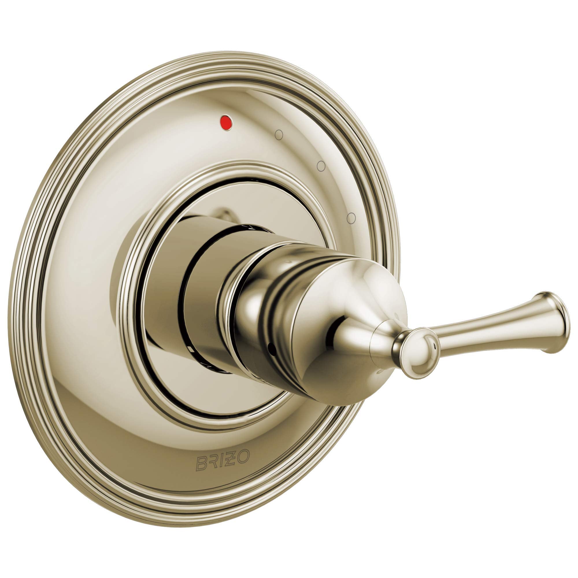 Brizo Baliza pressure balance valve trim with polished nickel finish, lever handle, and round escutcheon plate.