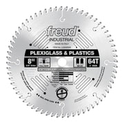 8" circular saw blade with 64 teeth and 5/8" arbor, designed for cutting plexiglass and plastics.