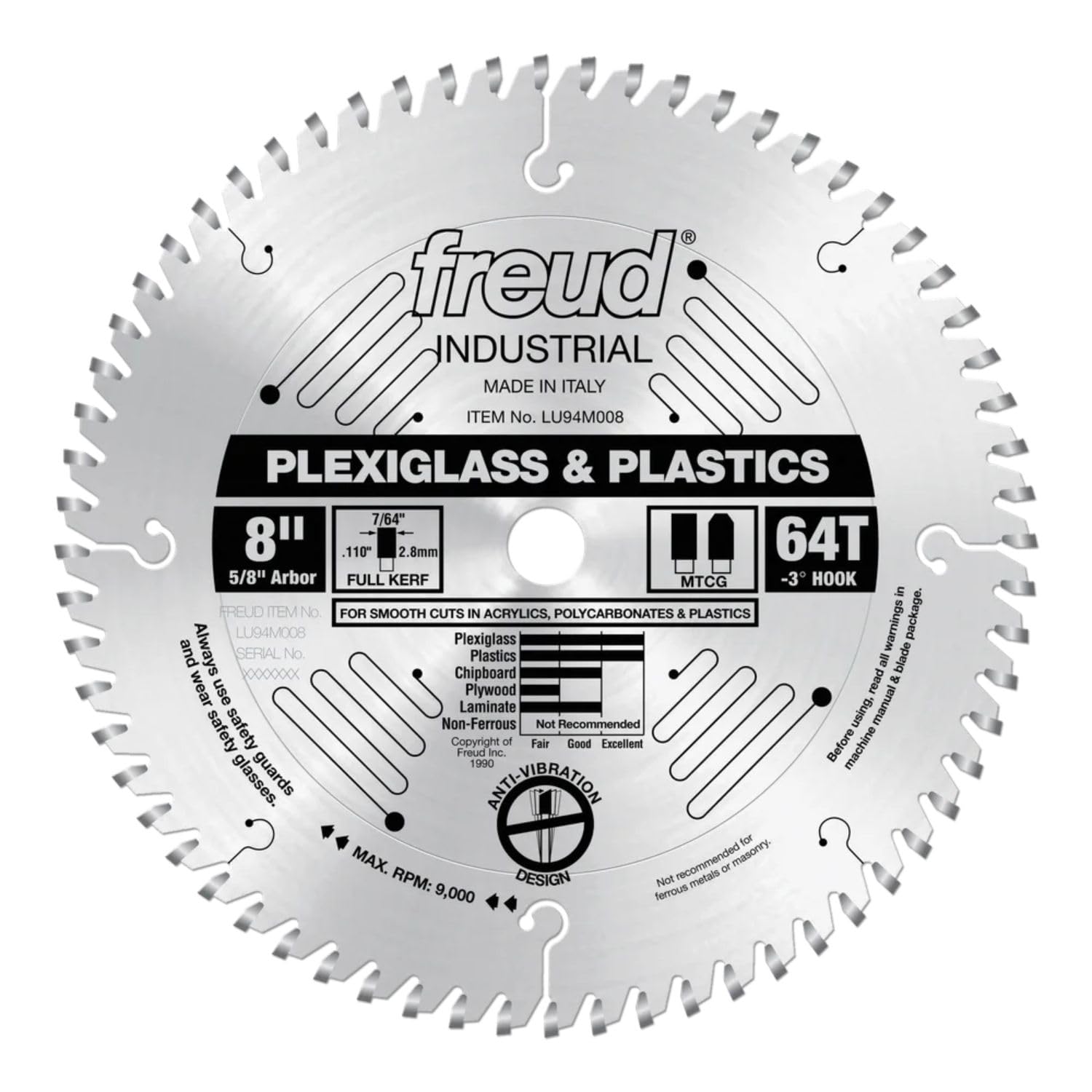 8" circular saw blade with 64 teeth and 5/8" arbor, designed for cutting plexiglass and plastics.