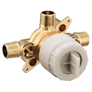Brass mixing valve with three threaded ports, white cartridge housing, and integrated stops for shower installation.