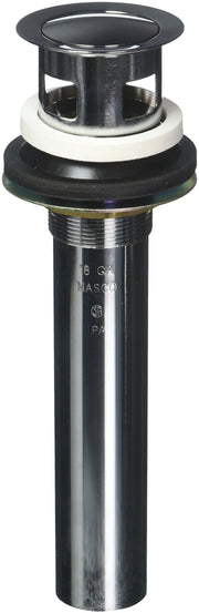 Chrome and black push-pop sink drain assembly with white rubber gasket and overflow opening.
