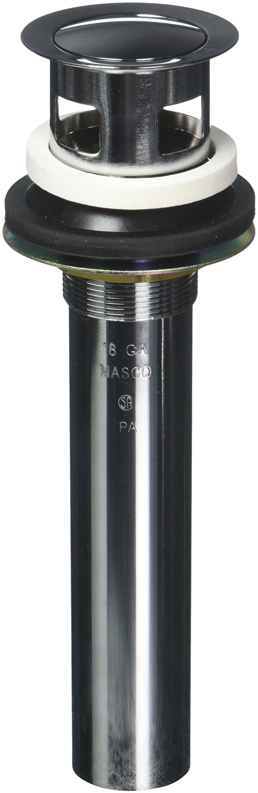 Chrome and black push-pop sink drain assembly with white rubber gasket and overflow opening.