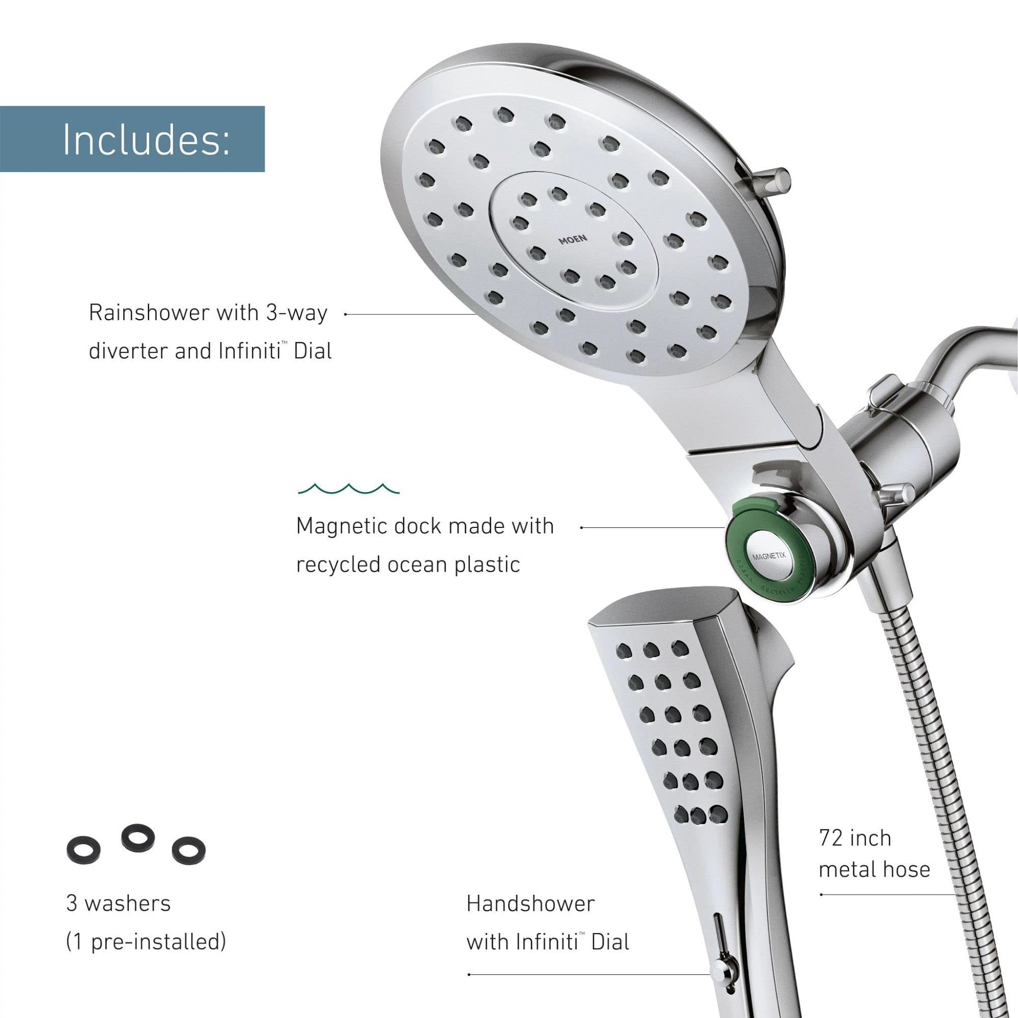 Moen Verso Eight Function 7" Diameter Spray Head Standard With Handshower with Eco Performance 72" Hose in Chrome - 220C3EP