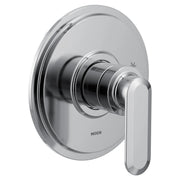 Chrome bathtub shower valve trim with single lever handle and circular escutcheon plate.
