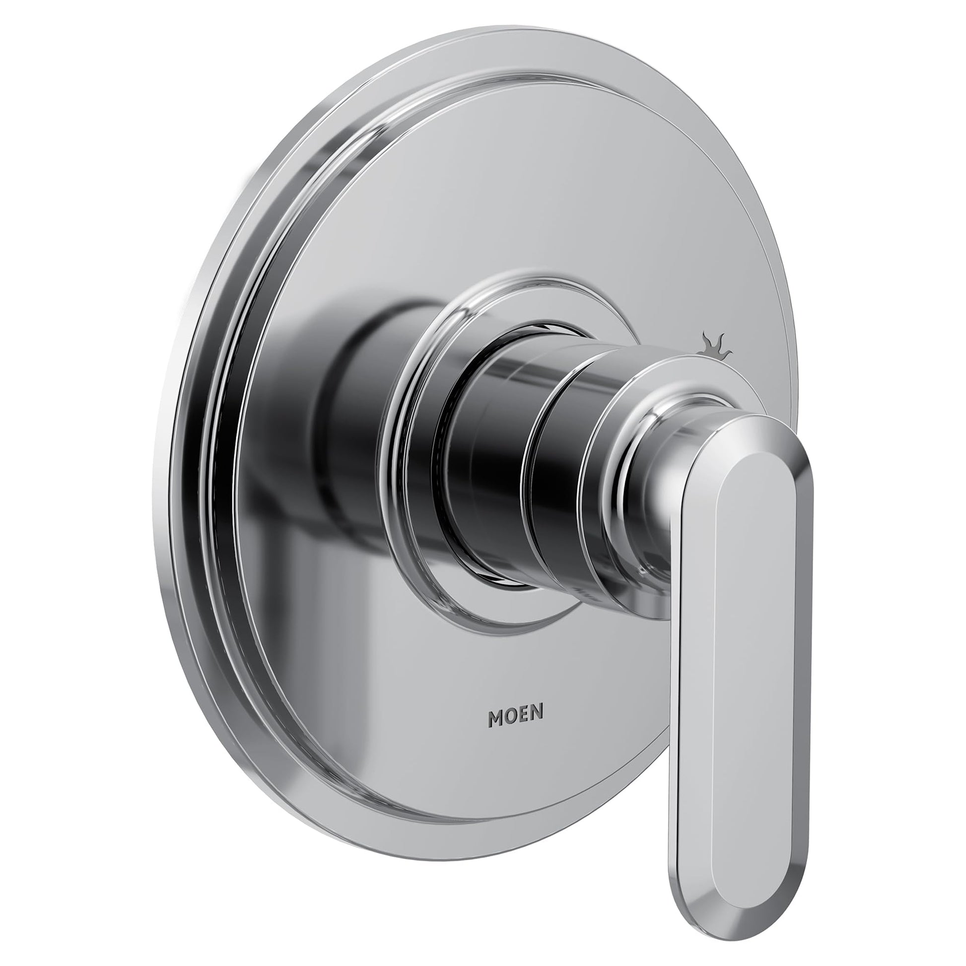 Chrome bathtub shower valve trim with single lever handle and circular escutcheon plate.