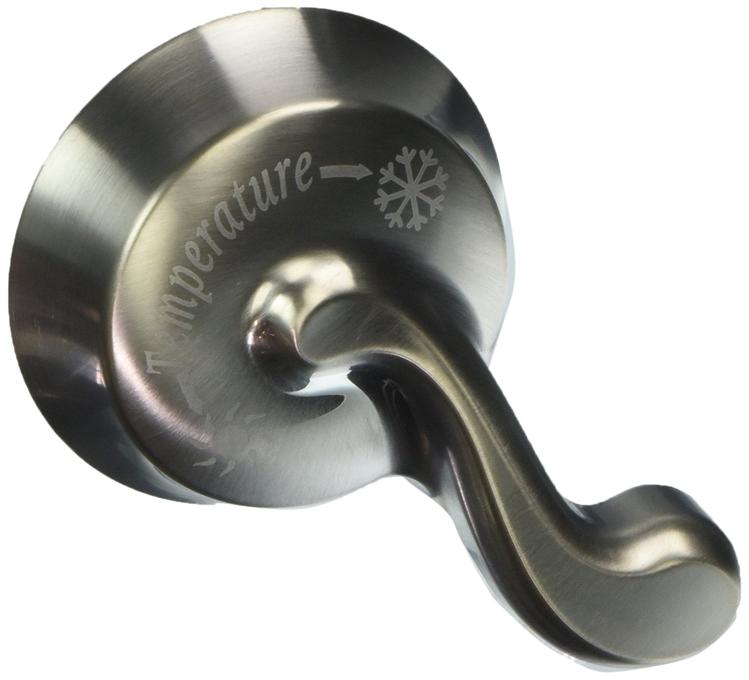 Stainless steel temperature control knob with curved lever handle and circular mounting plate showing temperature and snowfla
