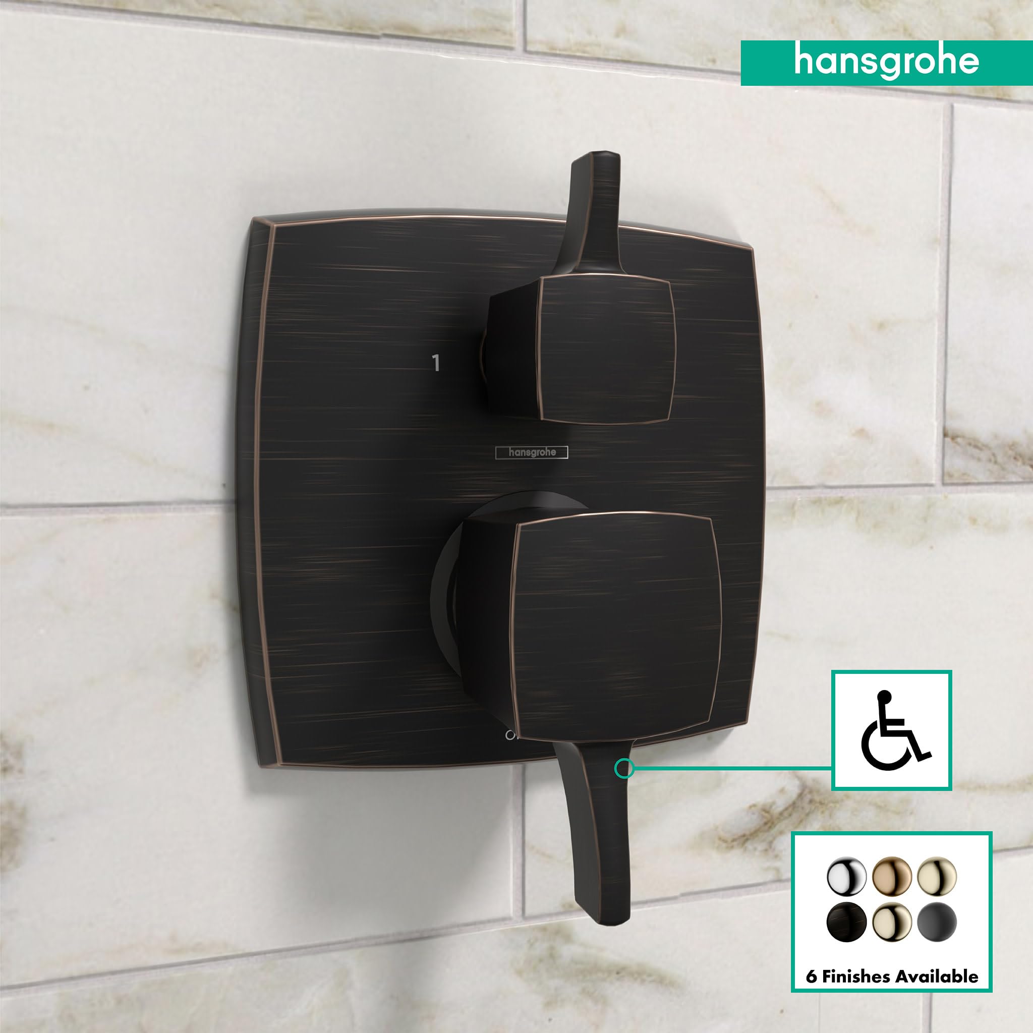 Rubbed bronze square pressure balance shower trim with diverter lever and two control knobs mounted on tile wall.