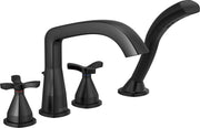 Black four-piece roman tub trim with curved spout, handheld shower, and cross handles.