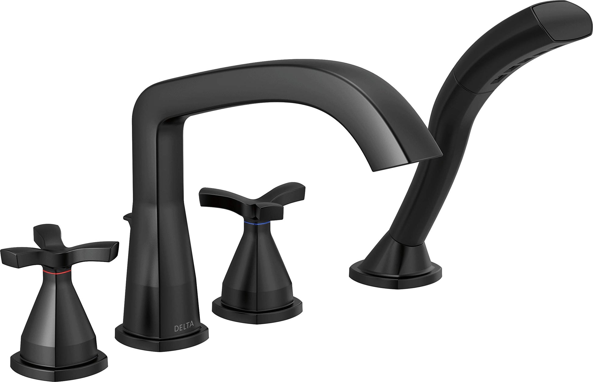 Black four-piece roman tub trim with curved spout, handheld shower, and cross handles.