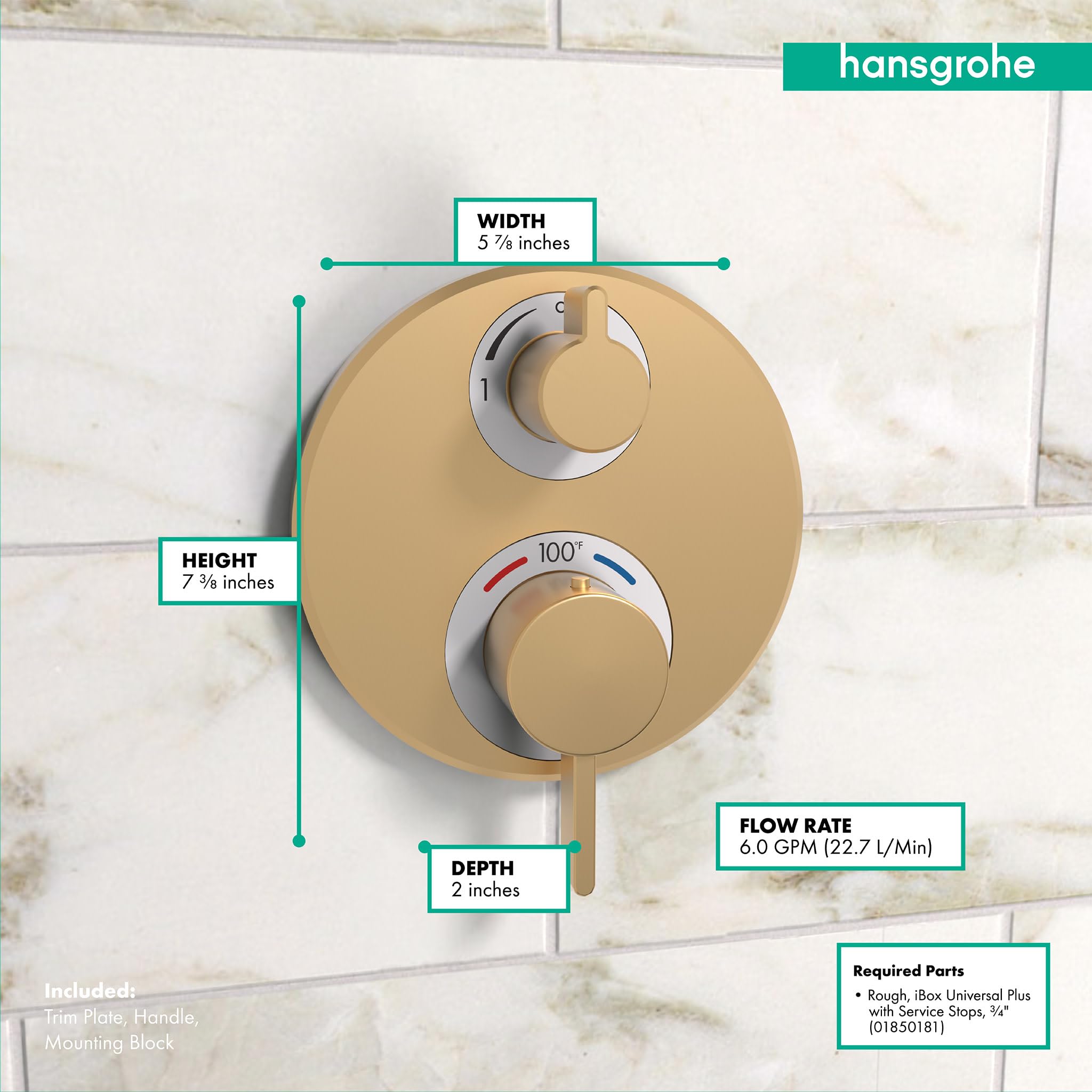 Hansgrohe Ecostat S thermostatic trim with two brushed bronze controls, 5 7/8" width, 7 3/8" height, mounted on marble tile.