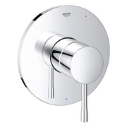Chrome pressure balance valve trim with cylindrical handle and round escutcheon plate marked with red and blue indicator dots