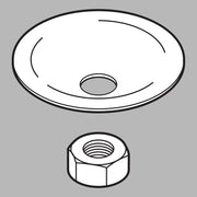 Metal washer and hexagonal nut with threaded center hole for Delta kitchen faucet assembly.