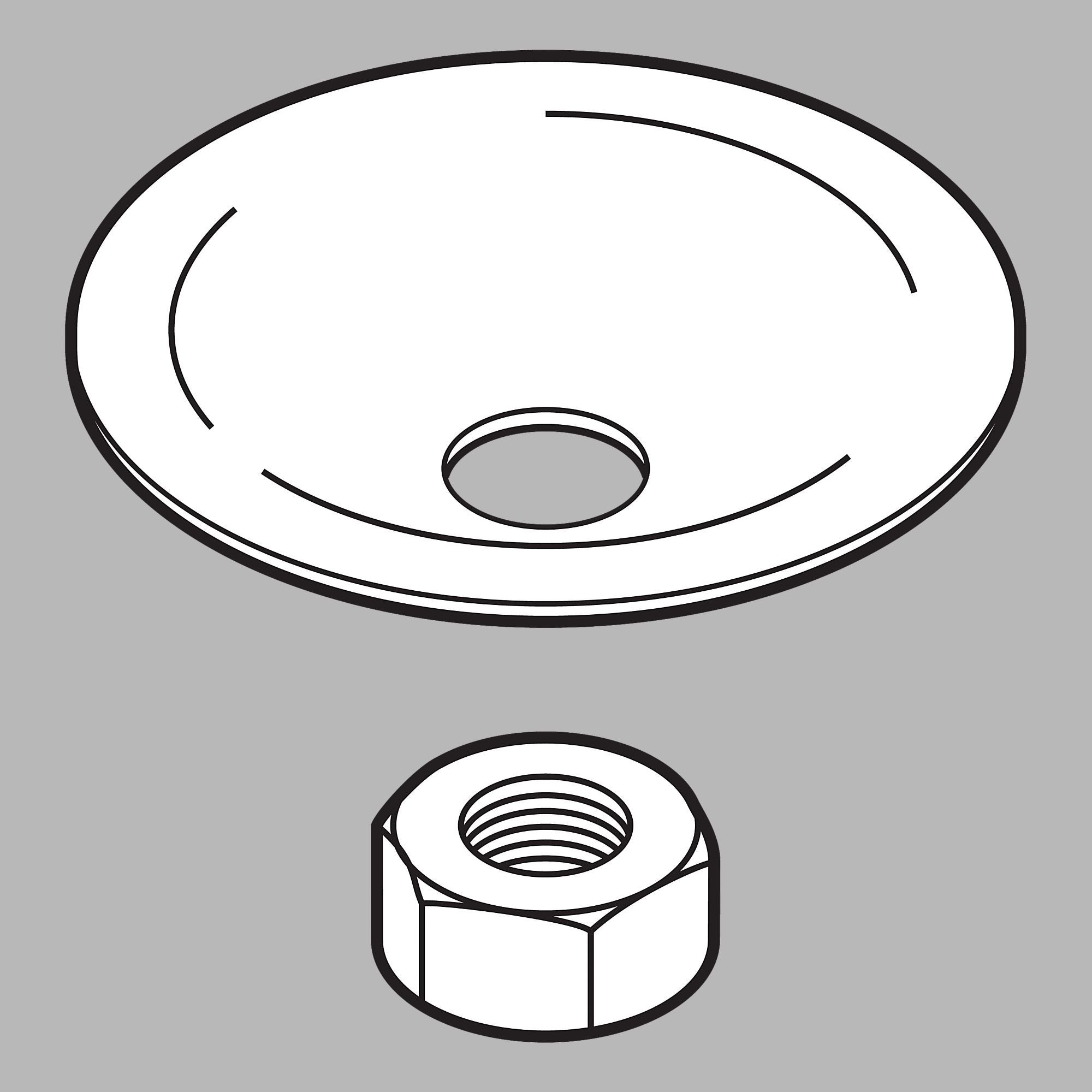 Metal washer and hexagonal nut with threaded center hole for Delta kitchen faucet assembly.