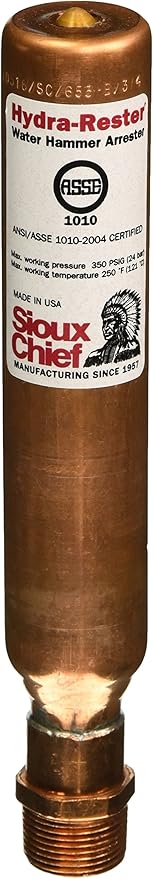 Copper cylindrical water hammer arrester with male inlet connection and pressure relief valve on top.