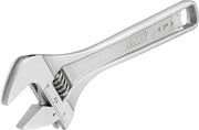 RIDGID chrome adjustable wrench with open jaw and worm gear adjustment mechanism, marked with measurement scale.