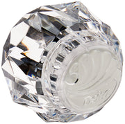 Clear faceted knob handle with chrome finish metal base and Delta branding on circular disc.