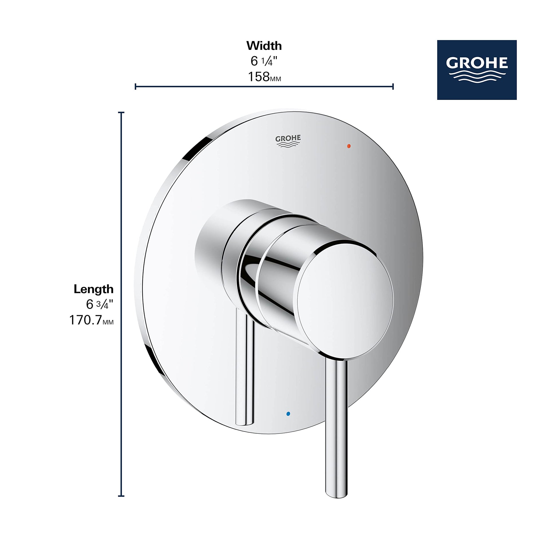 Grohe Concetto pressure balance valve trim with round brushed metal escutcheon plate and lever handle.