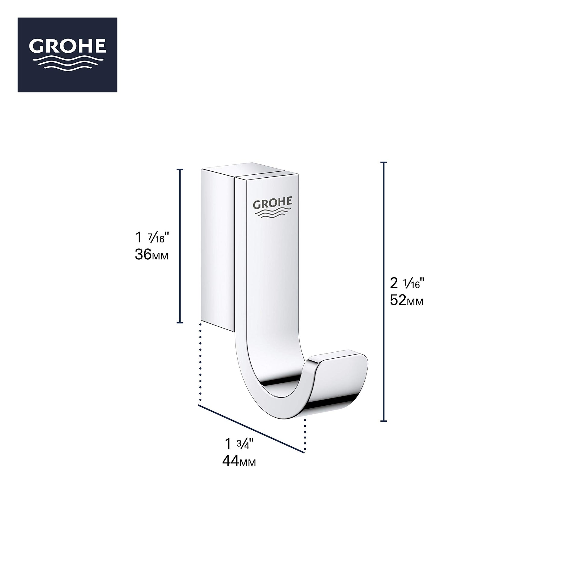 Grohe Selection brushed nickel robe hook with curved hook design and wall-mounted square backing plate.