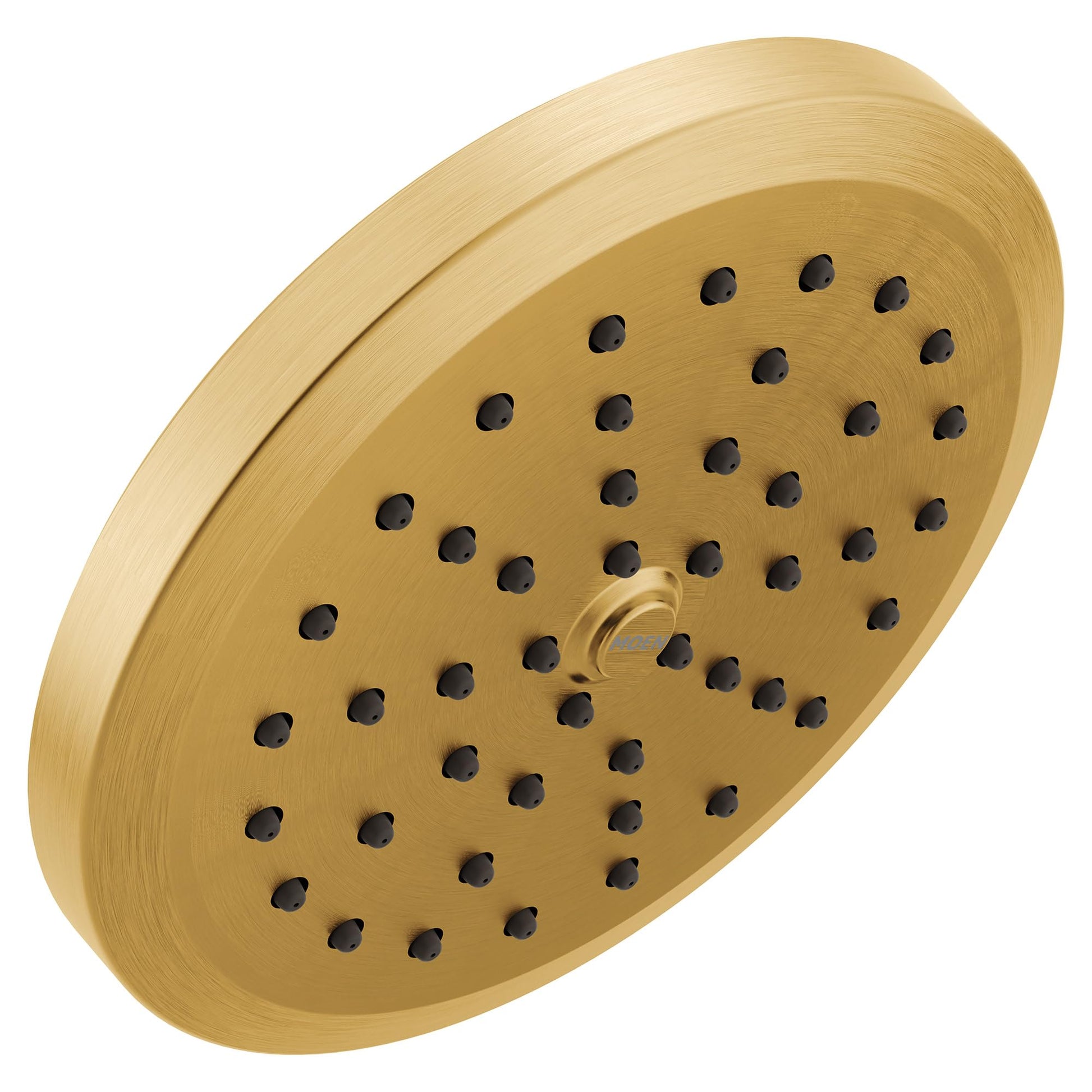 Circular brushed gold showerhead with multiple spray holes and center outlet connection.