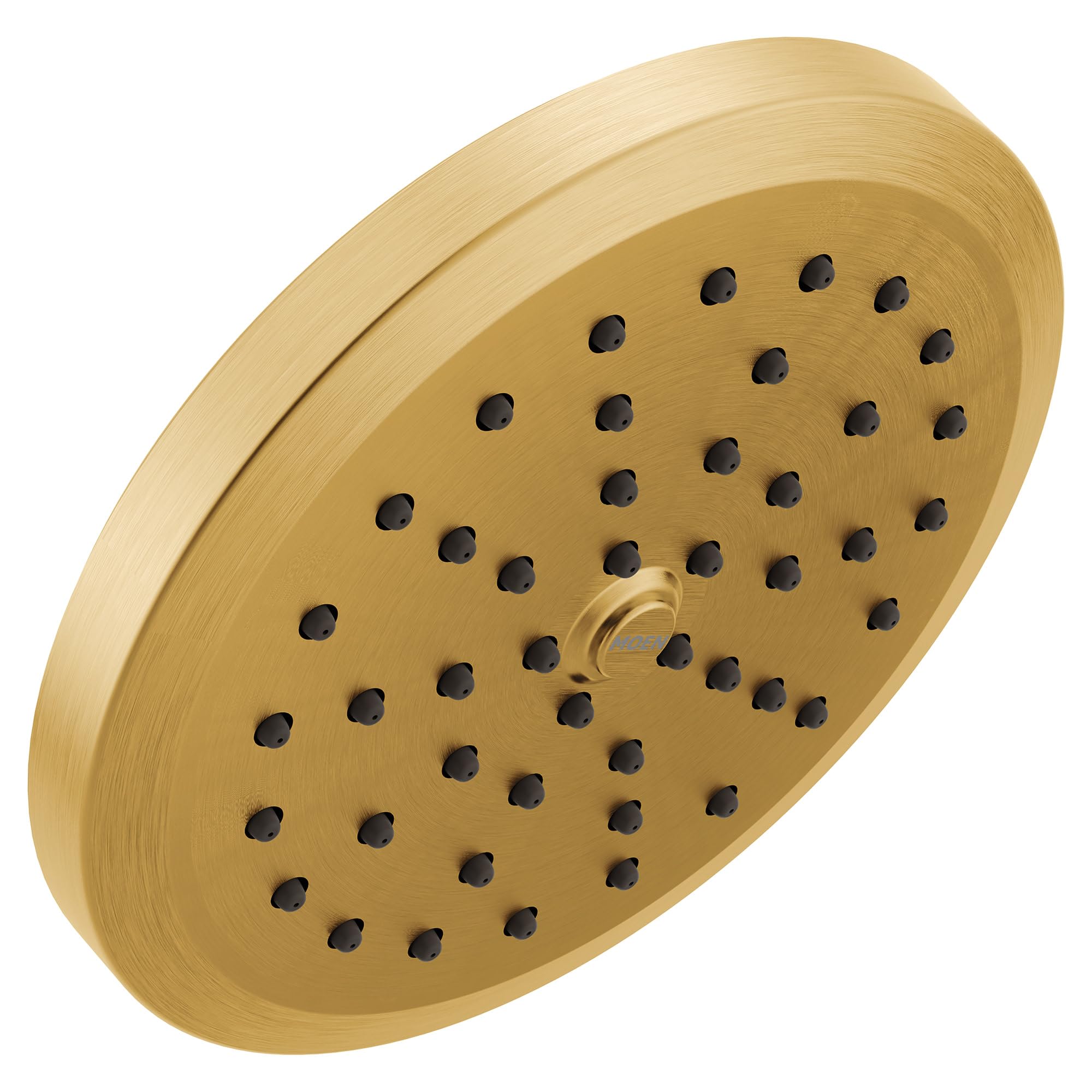 Brushed gold circular showerhead with multiple spray holes and center connection port.