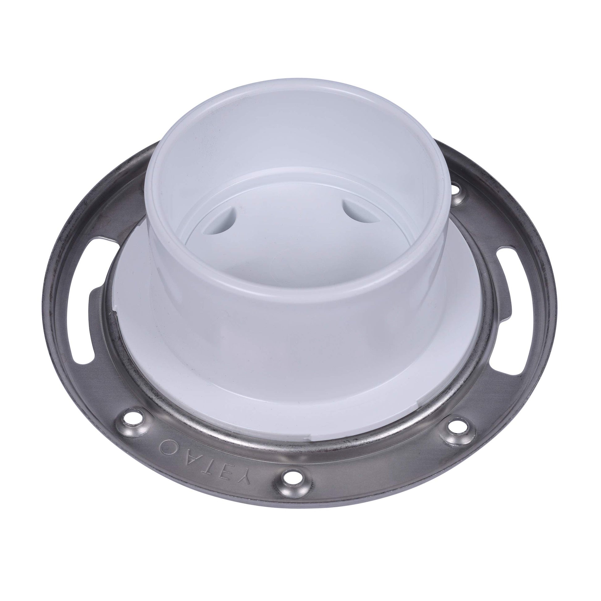 White PVC closet flange with stainless steel ring and mounting holes.