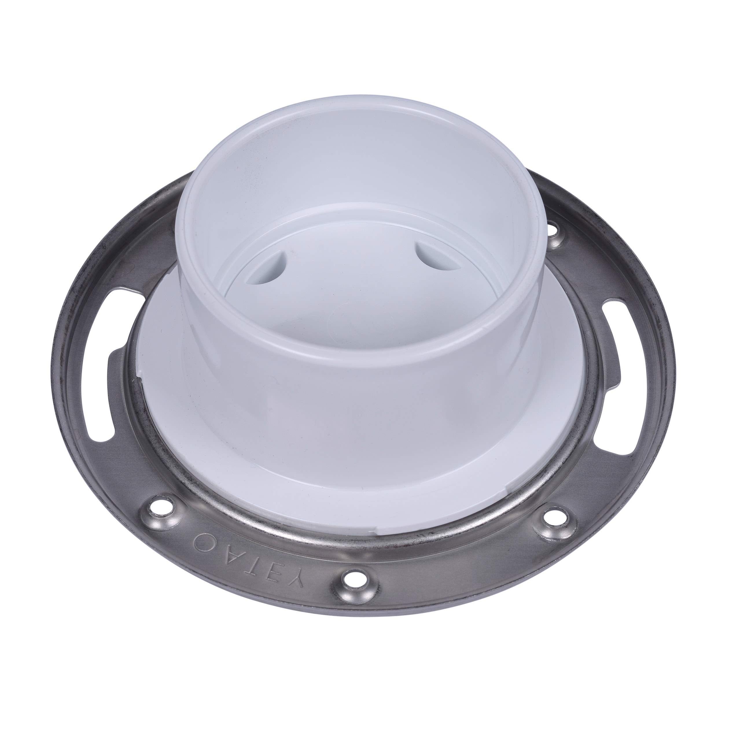 White PVC closet flange with stainless steel ring and mounting holes.