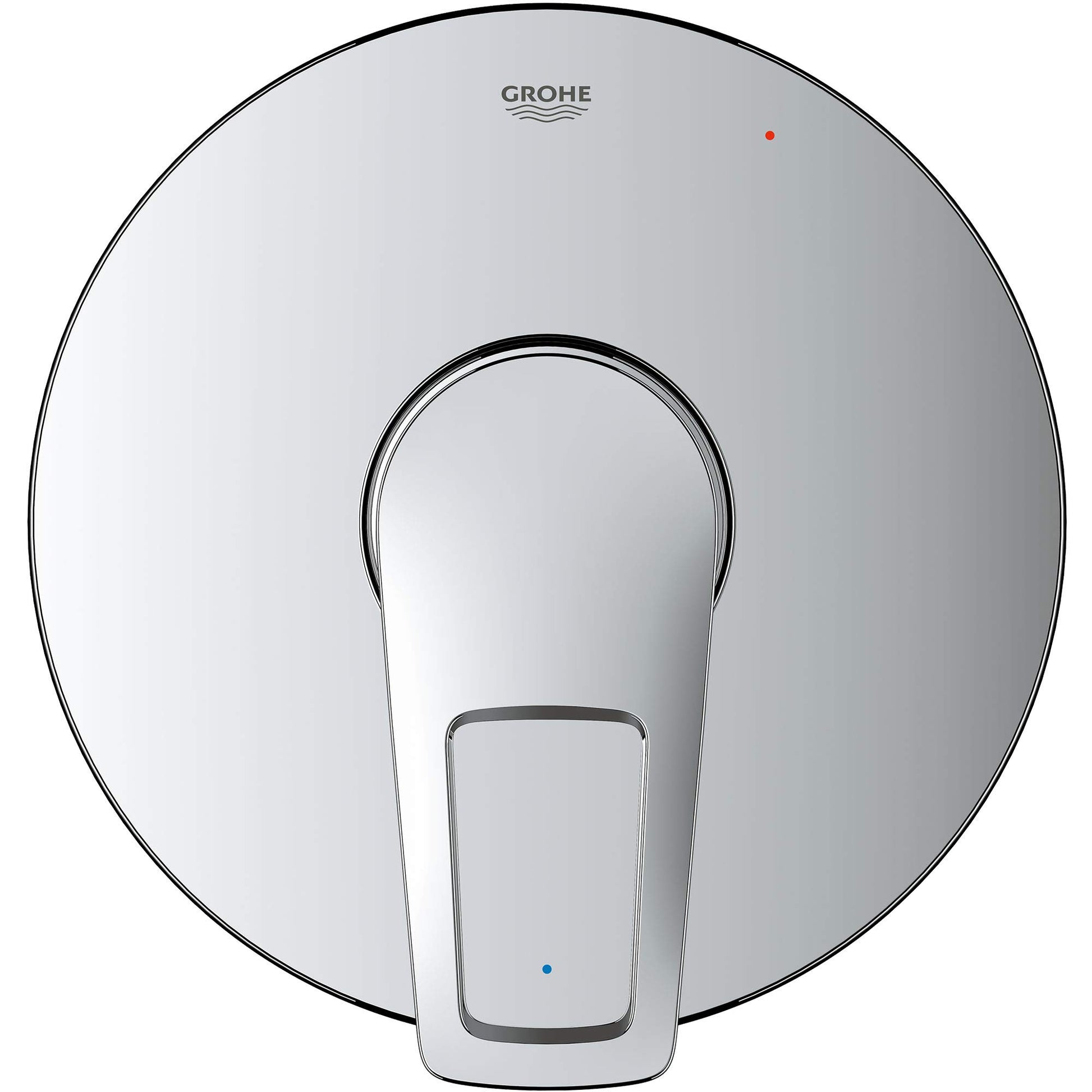 Chrome pressure balance valve trim with single lever handle and circular escutcheon plate.