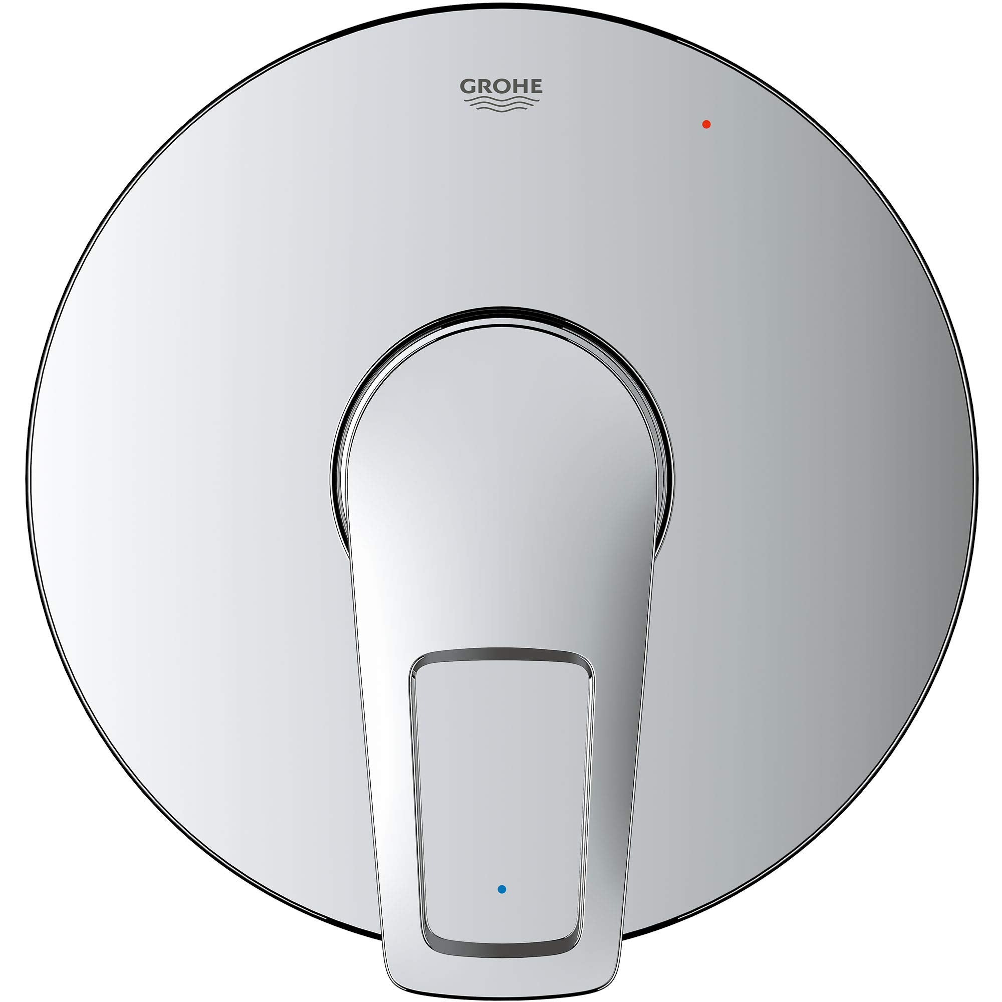 Chrome pressure balance valve trim with single lever handle and circular escutcheon plate.