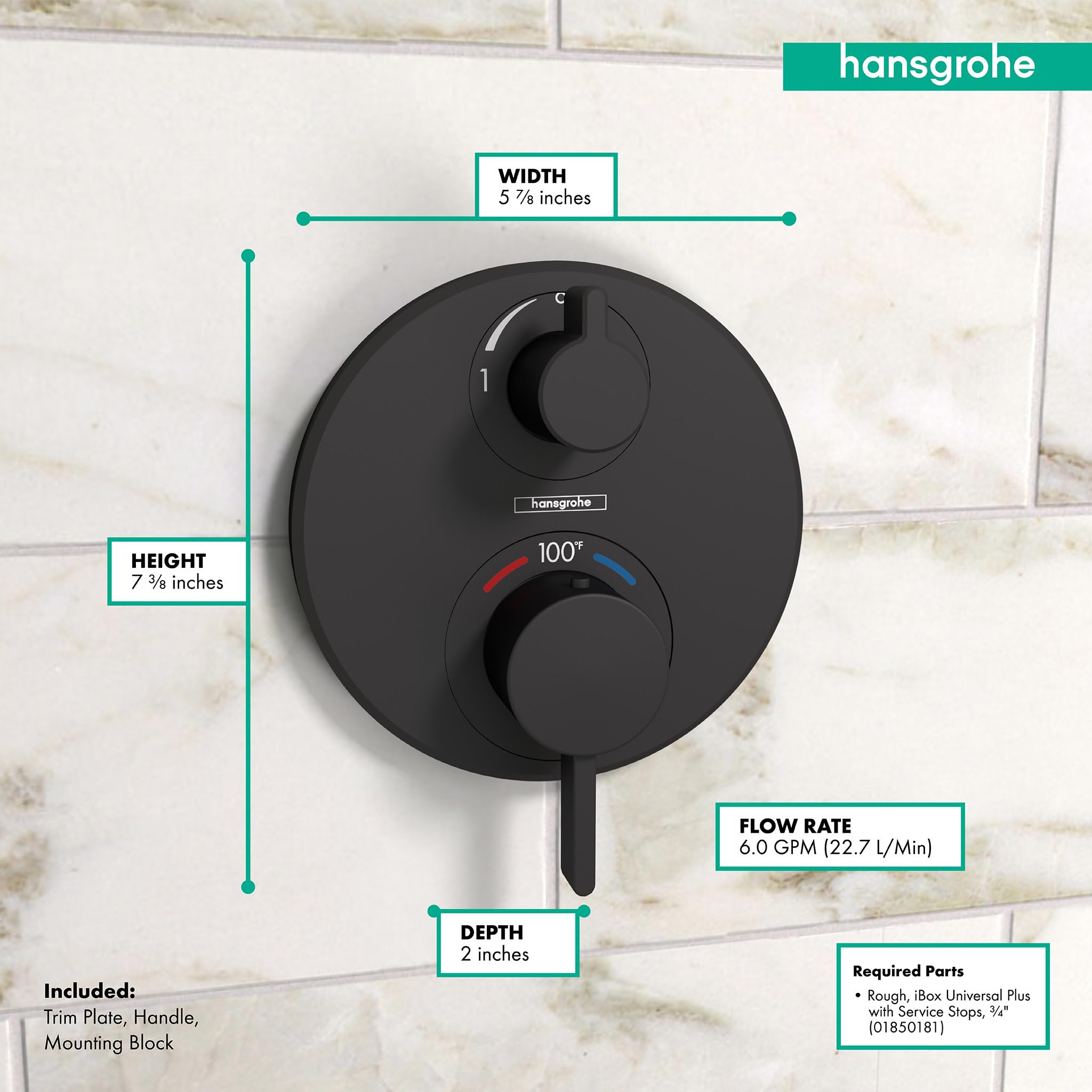 Matte black circular thermostatic trim with dual controls, volume knob above and diverter knob below, mounted on tile wall.