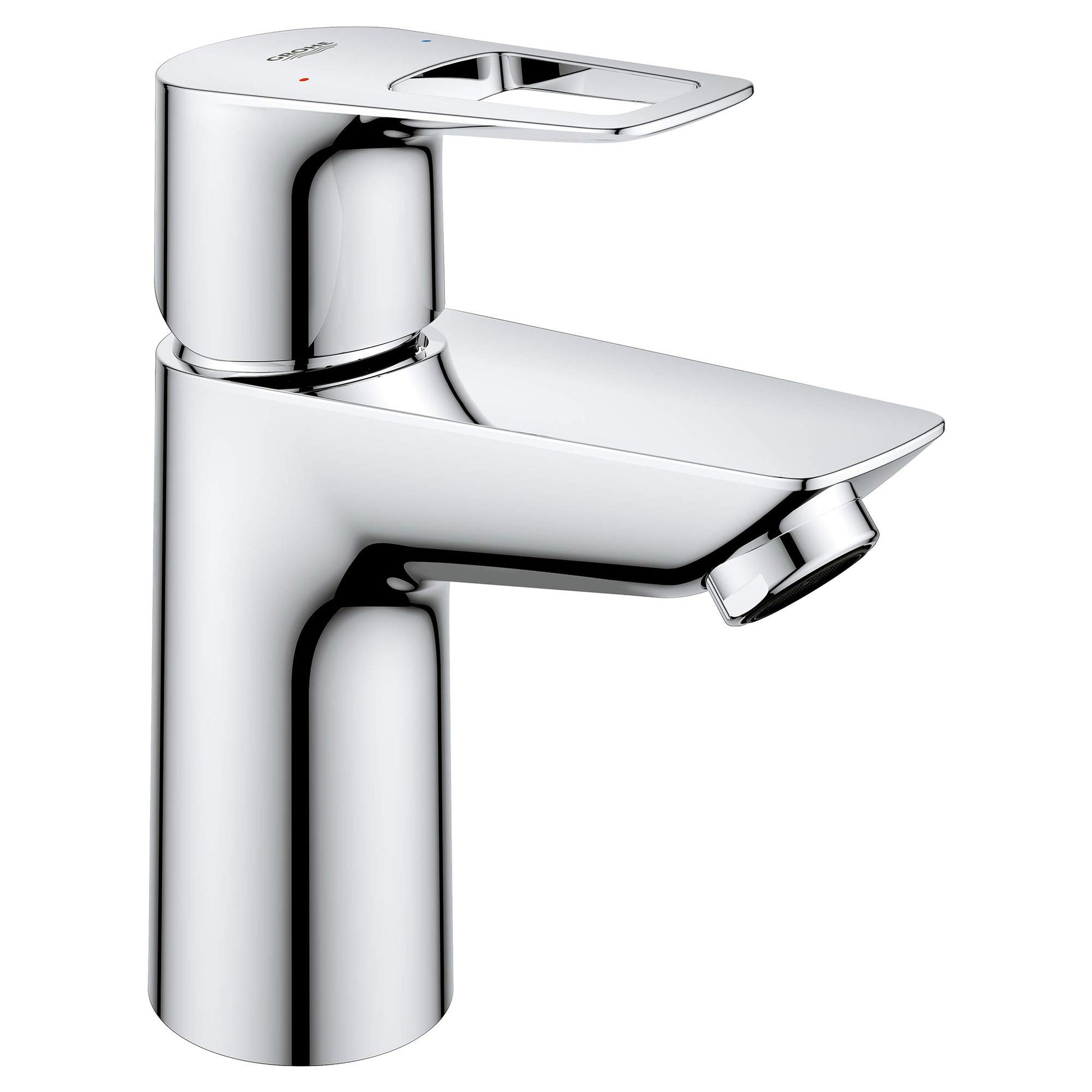 Chrome single-handle bathroom faucet with curved spout and rectangular escutcheon plate.