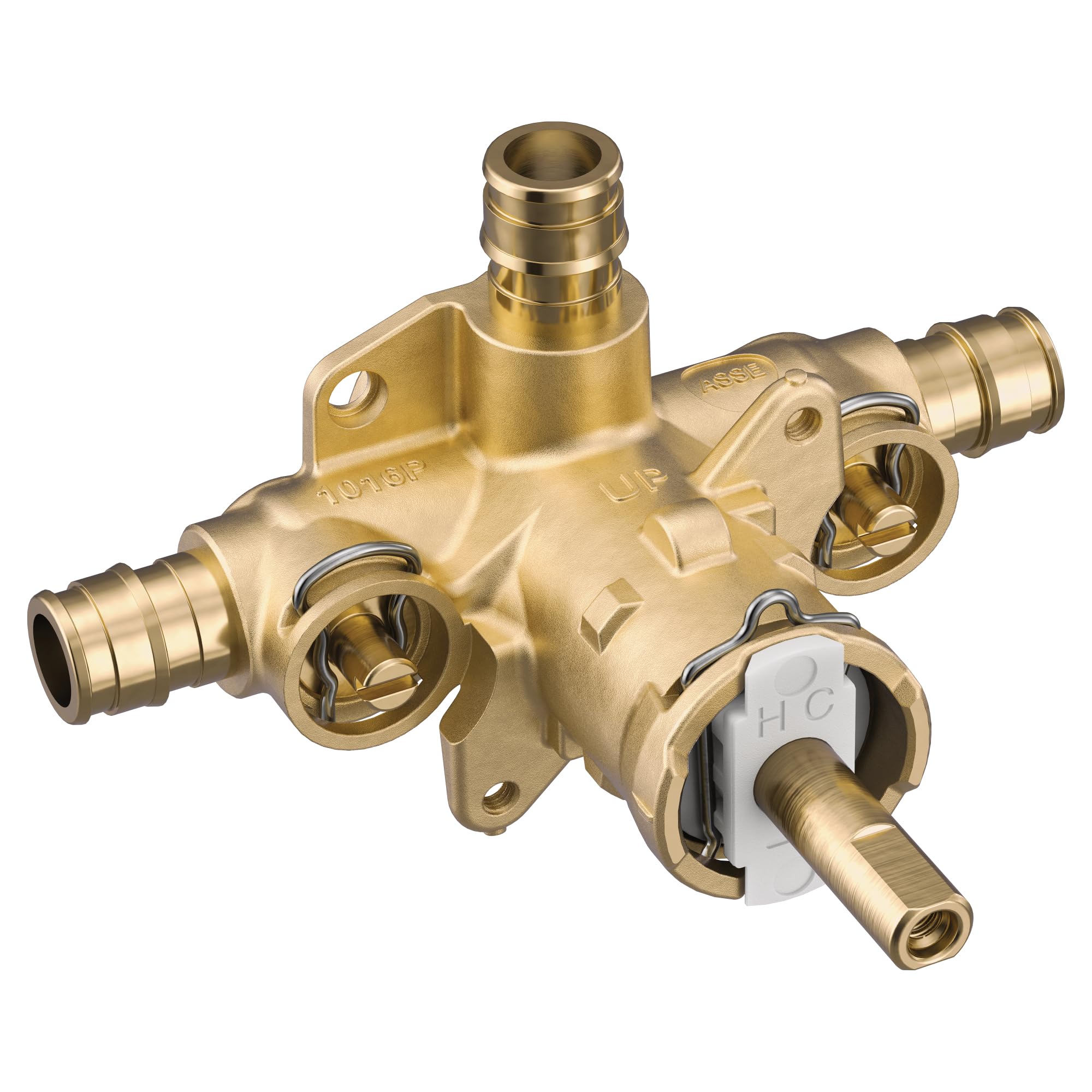 Brass pressure balancing valve with four PEX connections, adjustment screw, and mounting bracket with H/C indicator.