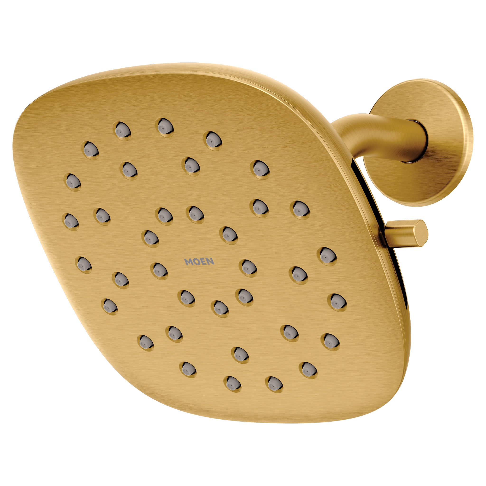Brushed gold square rain shower head with multiple spray jets and round wall mount arm.