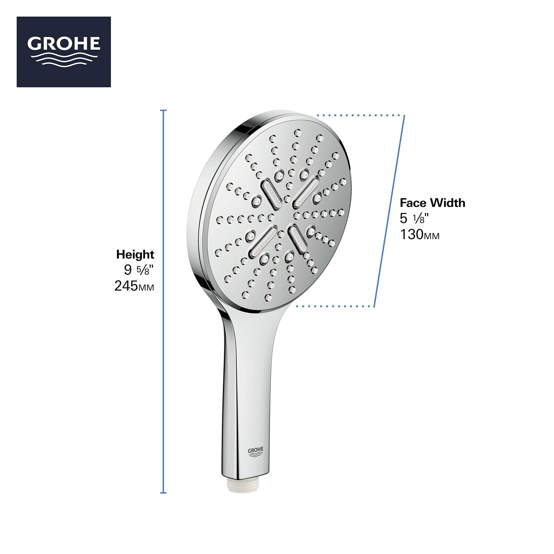 Chrome hand shower with round perforated face and white handle, featuring multiple spray holes across circular head.