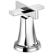 Chrome widespread lavatory faucet with high cross handles and tapered bell-shaped base.