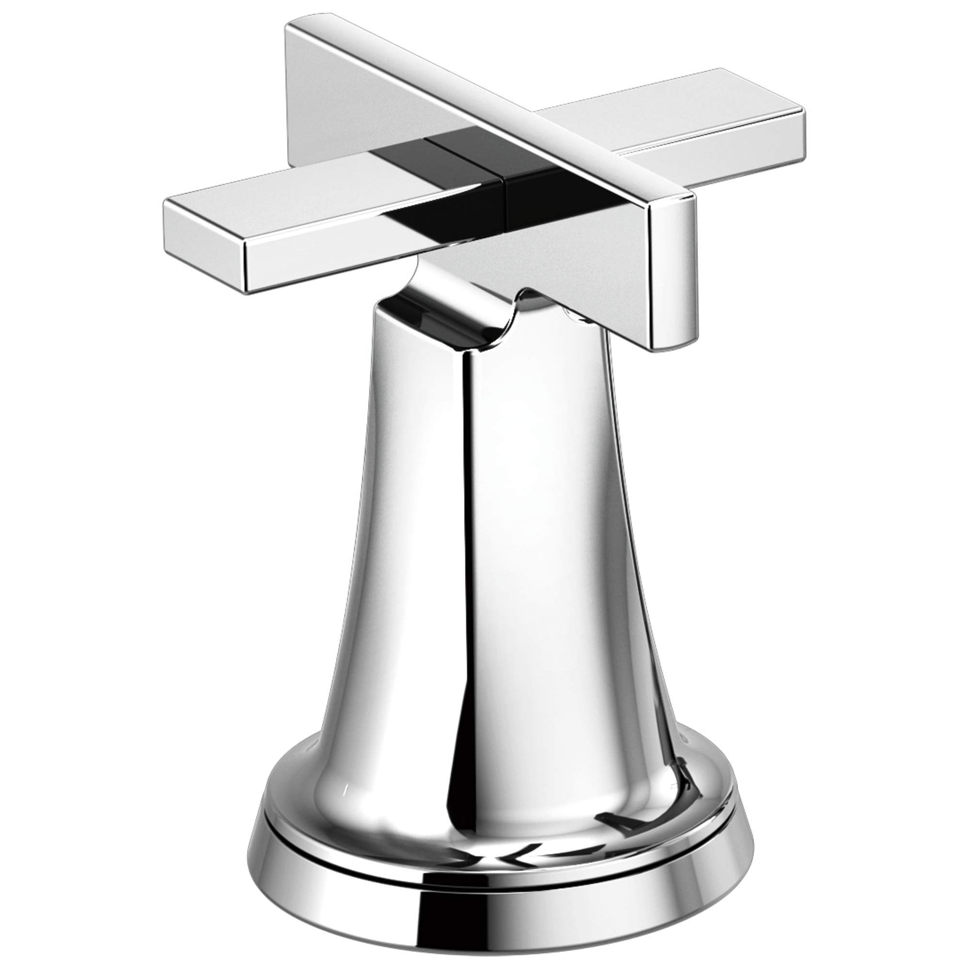 Chrome widespread lavatory faucet with high cross handles and tapered bell-shaped base.